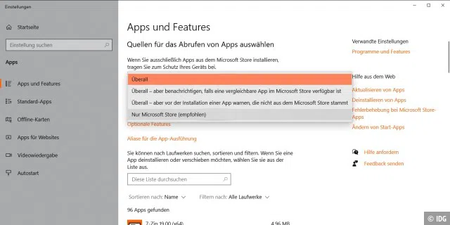 Die Beschränkung von Windows 10 S, das ausschließlich Store-Apps akzeptiert, können Sie auch in den „Einstellungen“ eines normalen Windows 10 im Bereich „Apps“ konfigurieren.