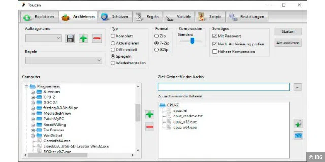 Das simple Tool Toucan erstellt komprimierte Backup-Archive, synchronisiert Verzeichnisse und verschlüsselt vertrauliche Dateien.