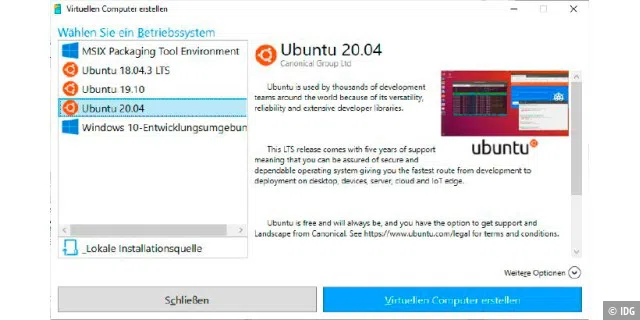 Komfortable Ersteinrichtung: Bei der Schnellerstellung können Sie gleich das gewünschte Betriebssystem auswählen. Der Download etwa von Ubuntu 20.04 erfolgt automatisch.