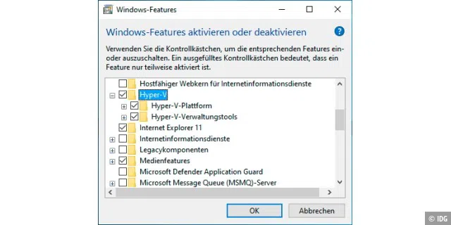 Hyper-V aktivieren: In Windows 10 Pro schalten Sie Hyper-V und die dazugehörigen Dienste im Fenster „Windows-Features“ ein. Danach ist ein Reboot erforderlich.