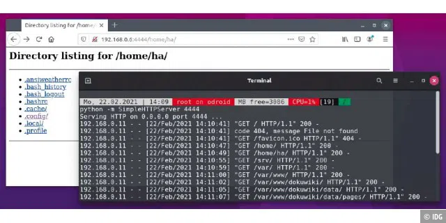 Ad-hoc-Webserver: Ein kleines Python-Kommando bietet das aktuelle Verzeichnis für alle Browser im Netzwerk an.