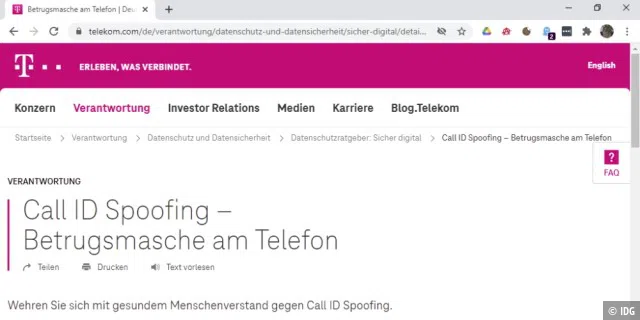 Das Telefon-Spoofing wird auch Call-ID-Spoofing genannt. Die Telekom rät auf ihrer Website, immer misstrauisch zu werden, wenn Anrufer Personalien, Bankdaten, PIN/TAN oder Zugangsdaten erfragen.