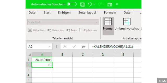 Excel enthält eine Formel für die Berechnung der Kalenderwoche zu jedem Datum. Sie müssen aber angeben, dass es nach europäischer Zählweise rechnen soll.