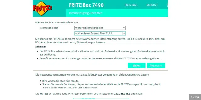 Die Funktion „Vorhandener Zugang über WLAN“ (oben) versetzt die Fritzbox in den Repeater-Modus – sie erhält im Netzwerk eine neue IP-Adresse (unten).
