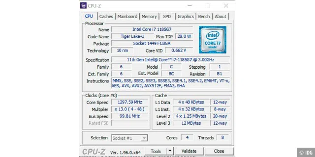 Spezial-Tools wie CPU-Z zeigen zusätzlich zu wichtigen Hardwareinfos wie Taktrate und Cache- Größe zum Beispiel auch die internen Codenamen des Prozessors an – hier „Tiger Lake-U“ für eine Intel-Notebook- CPU.