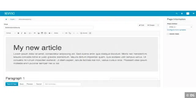 Neue Seite: Wenn Sie eine Xwiki-Seite anhand einer Vorlage anlegen, wird diese mit Blindtext gefüllt und besitzt schon Elemente wie ein Inhaltsverzeichnis.