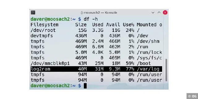 Ramdisk statt SD-Karte: Der Systemd-Dienst Log2Ram erstellt beim Systemstart eine Ramdisk für „/var/log“ mit einer Größe von 40 MB, um Logdateien zu zwischenzuspeichern.