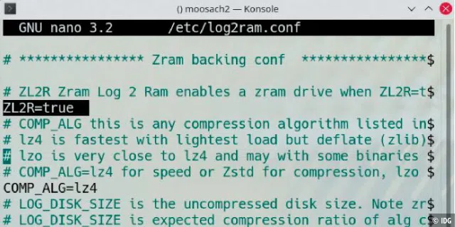 Komprimierter Arbeitsspeicher: Optional kann Log2Ram für seine Ramdisk einen Kompressionsalgorithmus nutzen, um in der gleichen Kapazität mehr Daten unterzubringen.