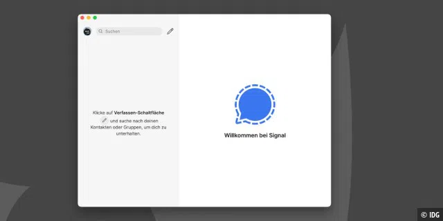 Der Signal-Desktop präsentiert sich nach der Installation noch völlig nackt, weil alle bisherigen Chatsverläufe nicht mit übernommen werden.
