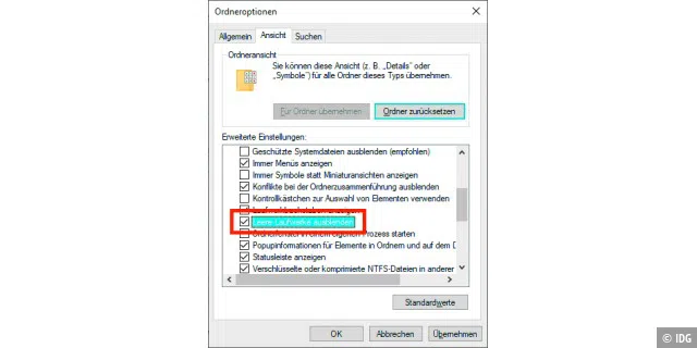 Um die Anzeige der vorhandenen Laufwerke übersichtlicher zu machen, können Sie im Windows Explorer leere Kartenleser einfach ausblenden.