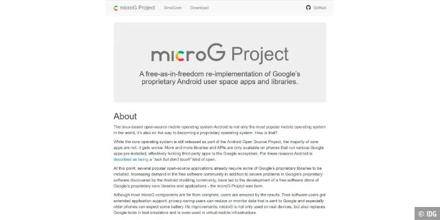 /e/ kommt komplett ohne Google-Dienste aus. Diese Abhängigkeit wurde durch die Nutzung von microG erreicht. Dabei handelt es sich um eine quelloffene Implementierung der Google-Play-Dienste.