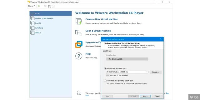 Ein neuer virtueller PC kann im Vmware Workstation Player auf Basis einer Setup-DVD oder über ein ISO-Image eingerichtet werden.