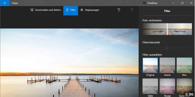 Verarbeitung und kreative Bearbeitung sind mit den Filtern in der Fotos-App von Windows 10 einfach möglich, die Vorschau zeigt die Resultate der verschiedenen Effekte.