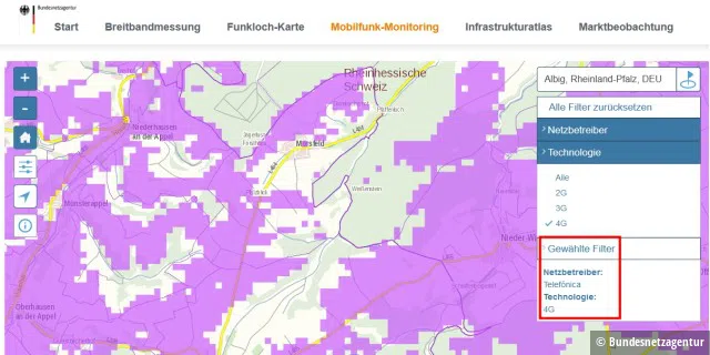 Im ländlichen Raum ist auch die Mobilfunkversorgung teilweise schlecht: Der Kartenausschnitt zeigt Teile des Donnersbergkreises in Rheinland-Pfalz.