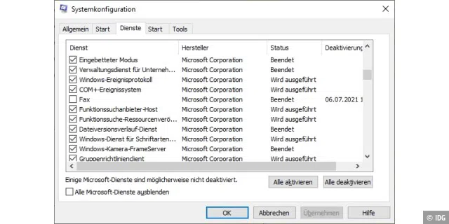 Dienste abschalten: Das Windows-Tool Msconfig zeigt die Dienste in einer übersichtlichen Liste an. Wenn man das Häkchen entfernt und auf die Schaltfläche „Übernehmen“ klickt, wird der Dienst deaktiviert.