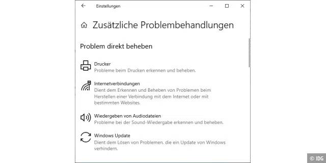 Dienste reparieren: Über „Zusätzliche Problembehandlungen“ lässt sich beispielsweise die Funktion von Windows-Update prüfen und und in vielen Fällen auch beheben.
