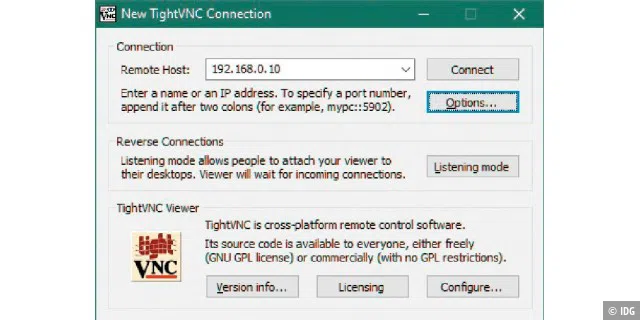 Klein, aber genug: Tight VNC ist ein sehr einfacher VNC-Client für Windows. Recht viel mehr als die Eingabe der IP-Adresse ist nicht vorgesehen und auch nicht nötig.