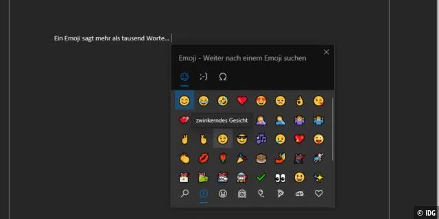Mit Windows-Taste + . öffnet sich das Fenster zur Auswahl eines Emojis