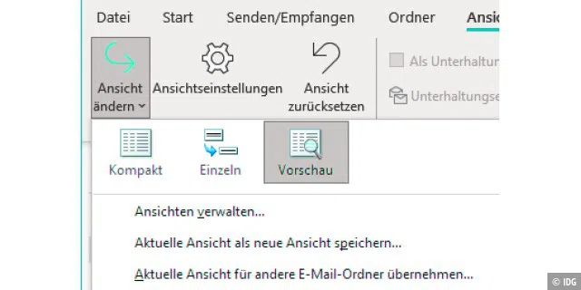 Über die Vorschau-Ansicht lassen sich E-Mails in Outlook einfach sortieren.