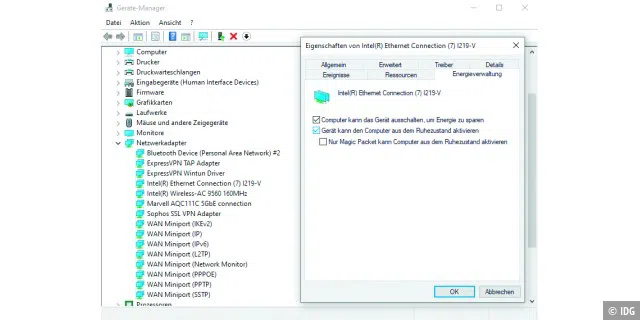 Auch der Netzwerkadapter kann dafür verantwortlich sein, dass der PC zufällig und automatisch hochfährt. Im Geräte-Manager von Windows 10 lässt sich die zuständige Netzwerkfunktion „Wake on LAN“ abstellen.