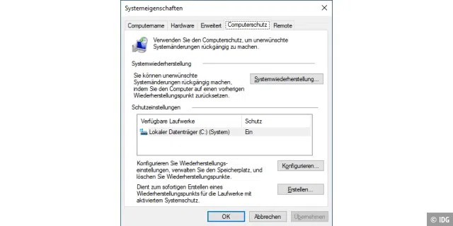 Computerschutz: Die Systemwiederherstellung muss für das Laufwerk „C:“ aktiviert sein. Windows erstellt dann automatisch bei Bedarf Wiederherstellungspunkte.