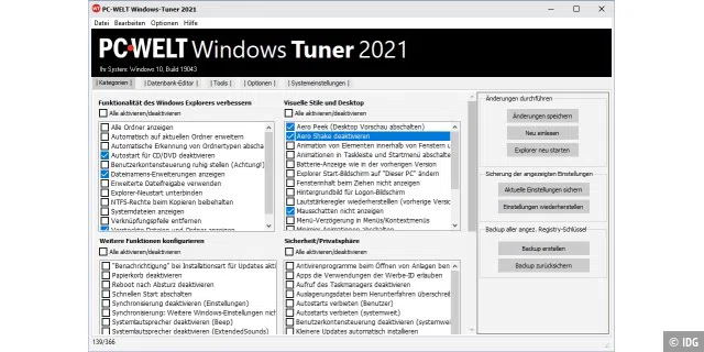 PC-WELT Windows-Tuner: Das Tool ermöglicht den Zugriff auf zahlreiche Registry-Hacks beziehungsweise Windows- Einstellungen, die sich mit wenigen Mausklicks anwenden lassen.