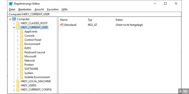 Windows-Registrierungseditor: Regedit zeigt die Hauptschlüssel in einer Baumansicht auf der linken Seite an. „Hkey_Current_User“ enthält die Einstellungen des aktuellen Benutzers.