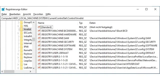 Was gehört zur Registry? Welche Dateien Windows als Registrierungsdatenbank lädt, lässt sich über „Hkey_Local_MachineSystemCurrentControlSetControlhivelist“ ermitteln.