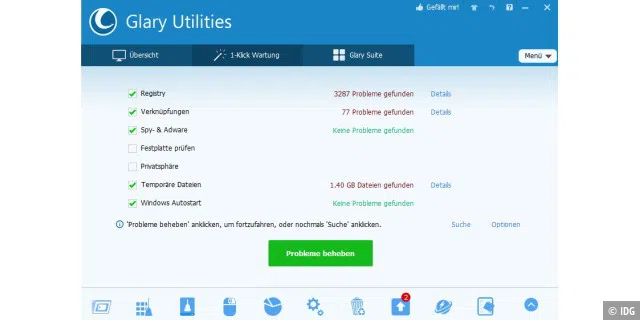 Über 3000 Probleme verspricht Glary Utilities auf diesem Rechner zu beheben: Ein Mausklick auf die Schaltfläche „Probleme beheben“ soll genügen.