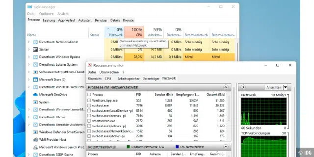 Ursachen für Netzwerkeinbußen ermitteln: Im Task-Manager und im Ressourcenmonitor von Windows 11 werden aktive Hintergrundprozesse mit Netzwerkaktivität samt den zugehörigen ausführbaren Dateien angezeigt.