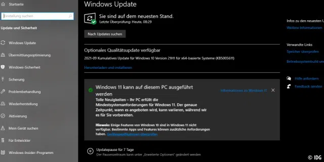Windows Update signalisiert unter Windows 10: Windows 11 kann bald installiert werden