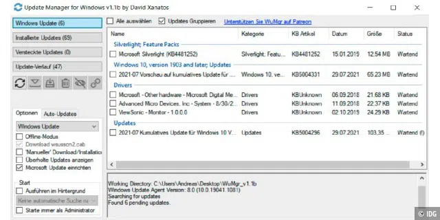Windows-Updates lassen sich mit dem Windows Update Manager manuell installieren, deinstallieren, ausblenden oder später zu einer bestimmten Zeit aufspielen.