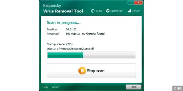 Das Kaspersky Removal Tool ist ein Dateiscanner, mit dem Sie einen Computer auf Schädlingsbefall prüfen können. Vor dem Scan wird automatisch auch der Arbeitsspeicher des Systems auf Viren geprüft. Einen Virenwächter gibt es nicht.