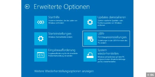 Unter Windows 10 und 11 lässt sich das Uefi auch direkt aus der Einstellungen-App heraus aufrufen. Ein Neustart des Rechners ist allerdings dennoch erforderlich.