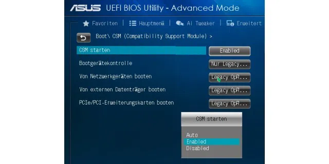 Der Bios-Kompatibilitätsmodus CSM (Compatibility Support Module) sieht – falls überhaupt vorhanden – in jedem Uefi anders aus. Neben „Ein“ und „Aus“ gibt es hier einen „Auto“-Modus.