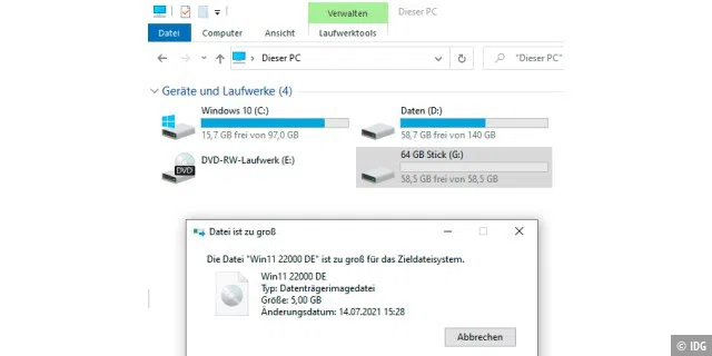 Fehlermeldung: Weshalb passt die 5 GB große Datei nicht auf den Stick mit fast 60 GB Kapazität? Grund ist das Dateisystem FAT32, das Dateien auf 4 GB beschränkt.