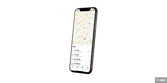 Die App des Apple Airtag zeigt auf einer Karte die Positionen sämtlicher Tracker, die der Besitzer mit seinem iPhone gekoppelt hat.