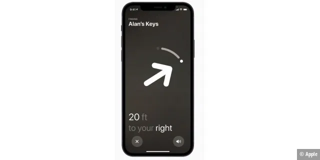 Wenn der Tracker nur noch wenige Meter entfernt ist, weist ein Pfeil auf dem Display des iPhone auf den Standort hin und gibt die Entfernung an.