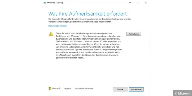 Diese Warnung erscheint, wenn man versucht, Windows 11 auf einem nicht kompatiblen PC zu installieren