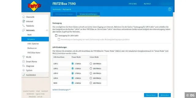 Nur im „Power Mode“ liefert ein LAN-Port in der Fritzbox die maximale Übertragungsrate von 1 Gbit/s – einstellbar im Fritzbox-Menü unter „Heimnetz“.