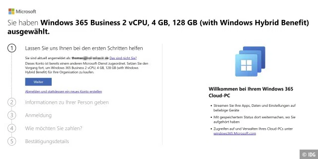 Das Buchen von Windows 365 erfolgt über einen Assistenten.