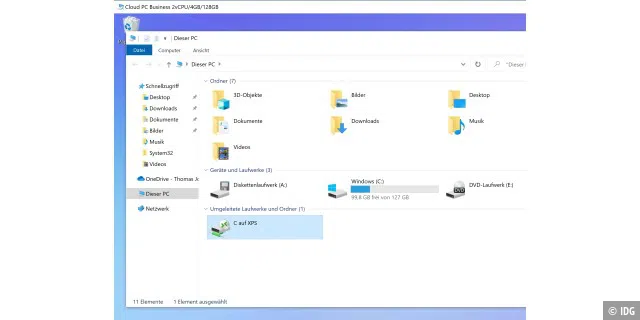 Der Windows-Explorer in Windows 365 bindet auch die Festplatten des Clients-PCs an, um Daten zwischen Cloud und lokalen Rechner übertragen zu können.