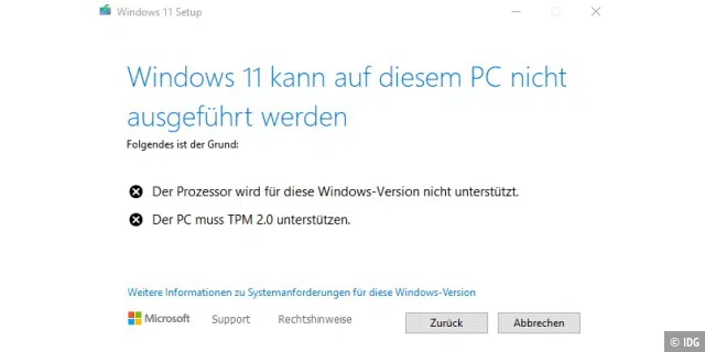 Vor dem Upgrade von Windows 10 auf 11 werden die Hardwareanforderungen an das neue Betriebssystem geprüft: Fällt die Prüfung wie hier negativ aus, bricht das Setup ab.