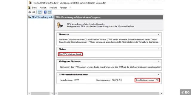 Windows zeigt nach Eingabe des Befehls „tpm.msc“ auf einen Blick, ob der Sicherheitschip aktiviert ist und ob er der Spezifikation 2.0 für Windows 11 genügt.