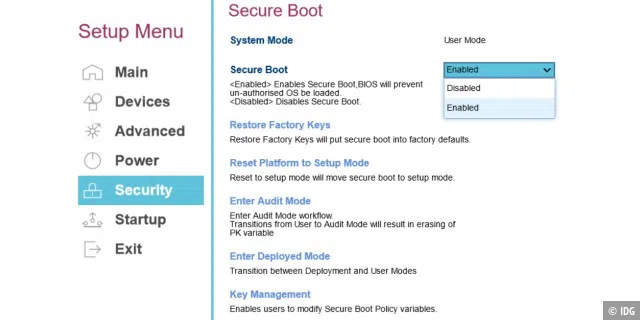 Die Funktion „Secure Boot“ ist eine von Microsofts Voraussetzungen, damit das neue Betriebssystem installiert werden kann. Unter Umständen muss sie im Uefi erst eingeschaltet werden.
