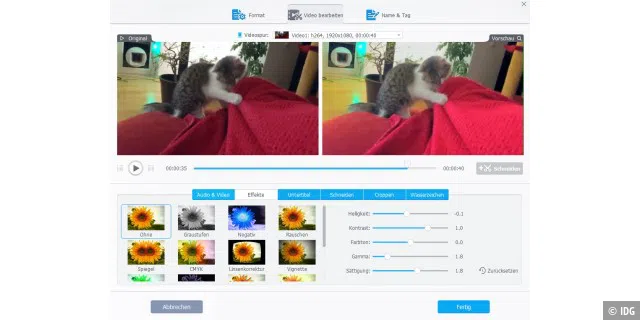 Im Bearbeitungsmenü „Effekt“ sind verschiedene Filter und Schieberegler, mit denen Sie das Aussehen Ihrer Videos verändern können. Gefällt eine Anpassung nicht, lässt sie sich einfach rückgängig machen.