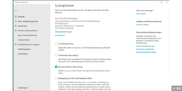 Soll Windows 11 den Inhalt eines Ordners auf Virenbefall prüfen, entscheiden Sie sich in den „Scanoptionen“ für die „Benutzerdefinierte Überprüfung“. Gehen Sie auf „Jetzt überprüfen“ und wählen Sie den Ordner aus.