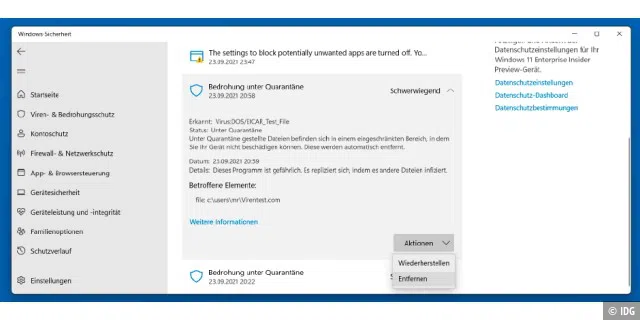 Mit der im Editor erstellten Eicar-Testdatei provozieren Sie Windows 11 zu Testzwecken zu einem Virenalarm. Für Ihren Rechner ist der schnelle Sicherheits-Check risikolos und ohne negative Folgen.