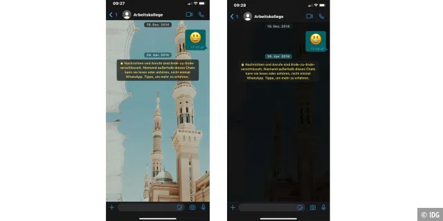 Whatsapp: Chat-Hintergrund einmal hell (links) und einmal vollständig abgedunkelt (rechts).