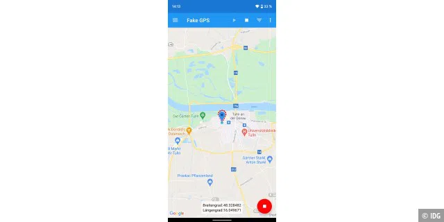 Mit Fake-GPS gaukeln Sie allzu neugierigen Apps einen anderen Standort vor. Nach dem Ausschalten eines Markers ist wie gehabt Google für die Standortbestimmung zuständig.